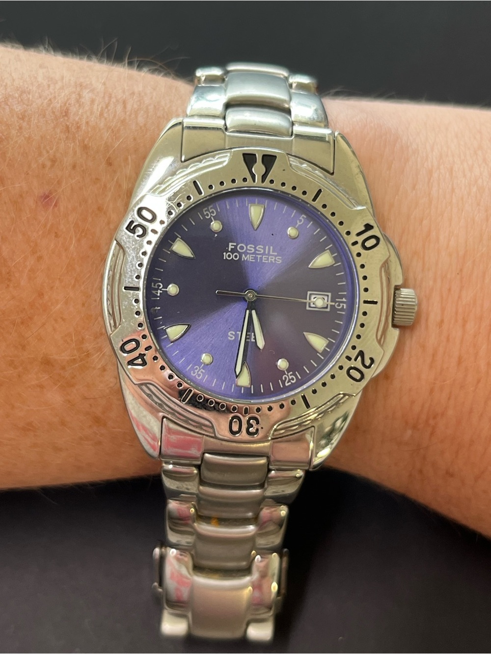 Fossil men’s Silver Stainless Steel Watch with blue luminous Dial